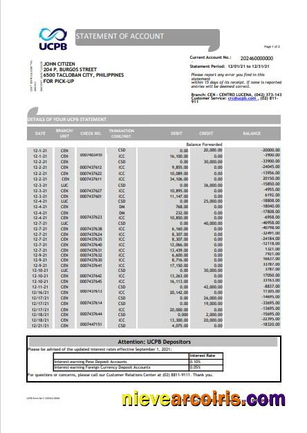 Philippines UCPB bank statement of account in Excel and PDF format